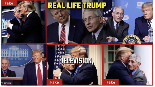 Several photos of Donald Trump and Dr. Anthony Fauci. Some are captioned as "real" and others are as "fake." 