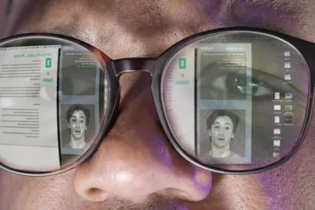 Close-up of a person's face looking at a computer screen, with glasses reflecting another person in the lenses. The image relates to the article 'Deepfakes and the Ethics of Generative AI.'