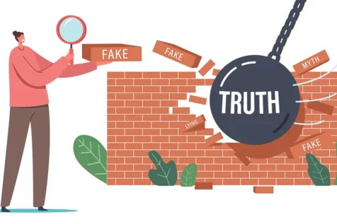 Vector image of a person holding a magnifying glass and a wrecking ball labeled 'truth' smashing a brick wall with bricks labeled 'fake.' The image relates to the article 'How Incentives Can Help Stop Deepfakes.