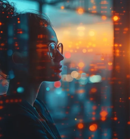 A woman with glasses looking off into the distance, with blurred lights scattered throughout the image. The image relates to the article 'Innovating with AI: Entrepreneurship, Privacy, and Peer Empowerment' in Edition 4 of Tepperspectives.