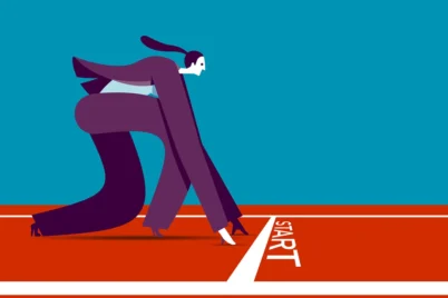 Vector image of a woman in a business suit at the starting line of a track, positioned in a ready stance as if preparing to race.