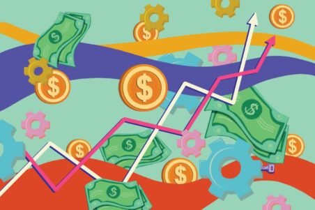 An image of US currency with graphs and colors