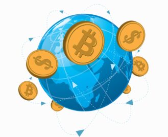 a globe surrounded by international currencies