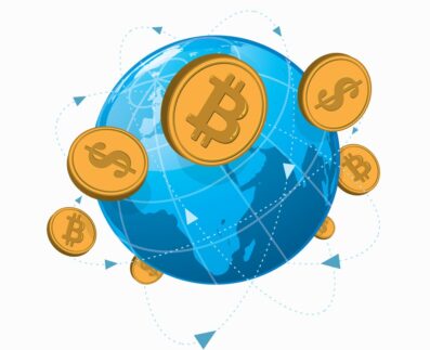 a globe surrounded by international currencies
