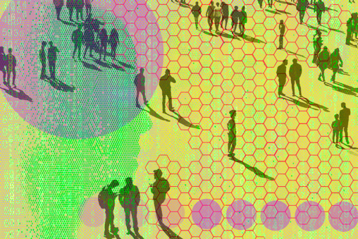 An illustration of people walking in an abstract environment